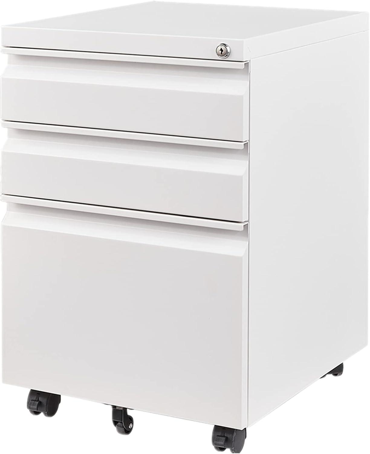 3 Drawers File Cabinet with Lock Metal Vertical File Cabient with Wheels Mobile File Cabinet for Office Home Assembly Required (White)