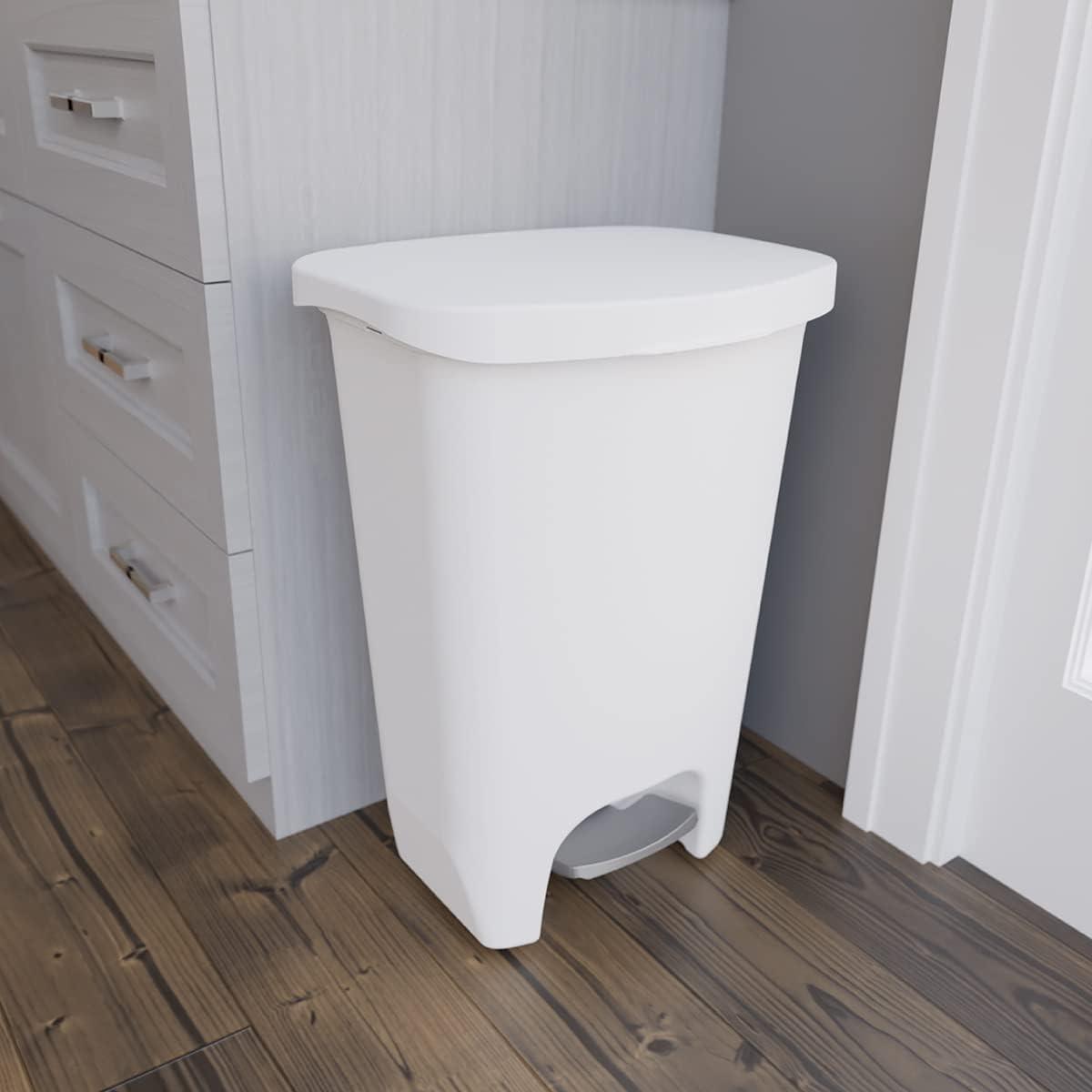 White Plastic 13 Gallon Step-On Trash Can with Odor Protection