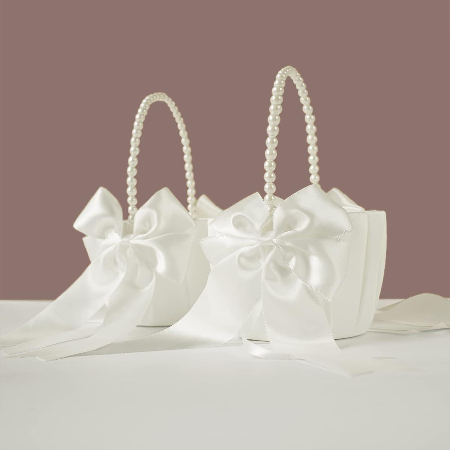 2 PCS Flower Girl Baskets Set- Cute Cherish Wedding Flower Baskets (Ivory)