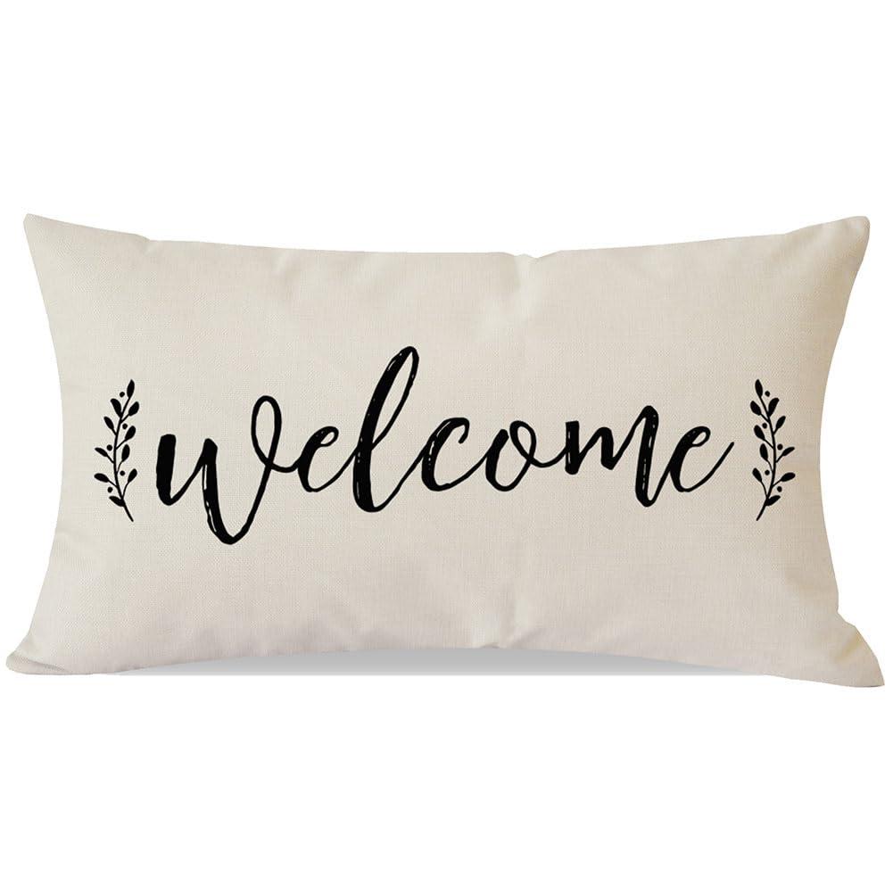 PANDICORN Welcome Throw Pillow Covers 12x20 Inch Modern Farmhouse Outdoor Front Porch Patio Decorations Lumbar Decorative Throw Pillows Cases Cushion Covers for Home Living Room Bedroom Couch Decor