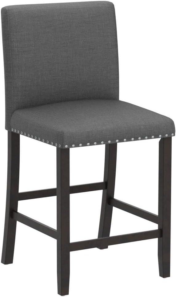 Set of 2 Gray Leather and Wood Bar Stools with Rivet Details