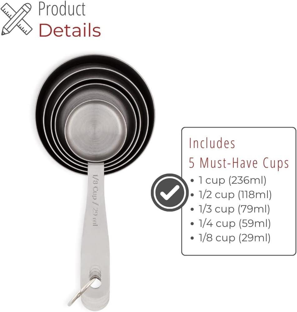 husMait Stainless Steel Measuring Cups - 5 Piece Heavy Duty Measuring Cup Set for Dry Foods, Spices or Liquids