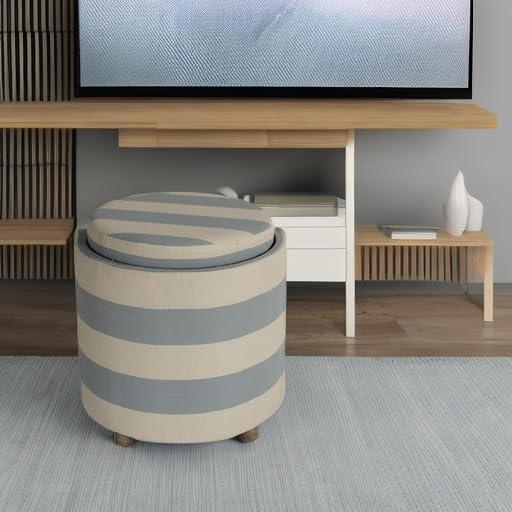 Cape Cod Blue and Ivory Striped Round Storage Ottoman with Tray