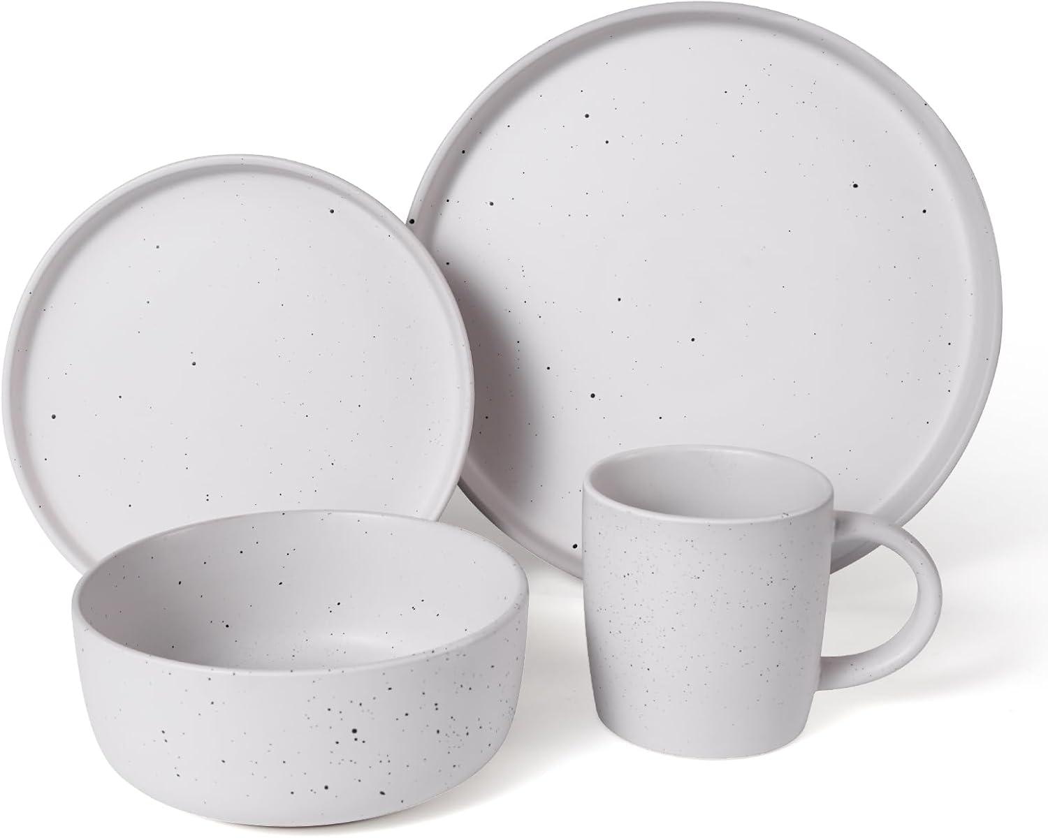 Elanze Designs Shiny Speckled Ceramic Dinnerware 16 Piece Set - Service for 4, White