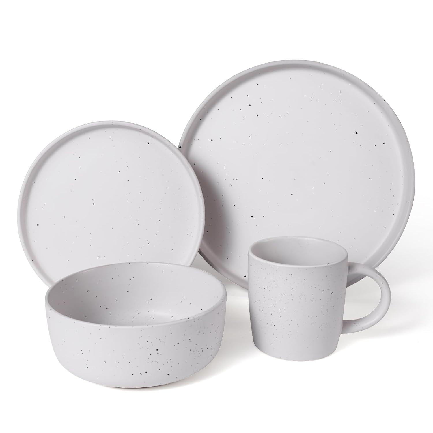 Elanze Designs Shiny Speckled Ceramic Dinnerware 16 Piece Set - Service for 4, White