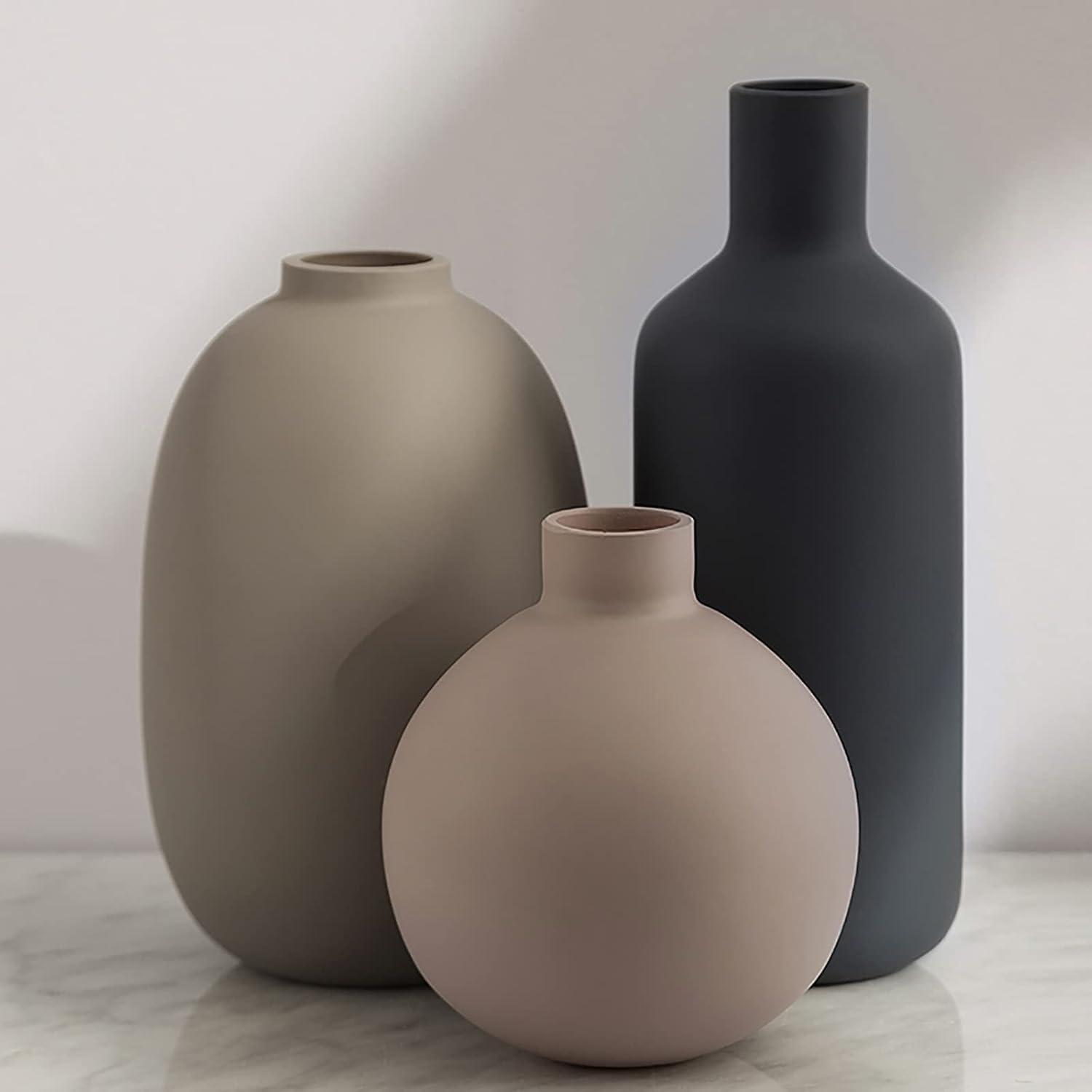 Neutral Beige and Gray Ceramic Cylinder Vase Set, 3-Piece