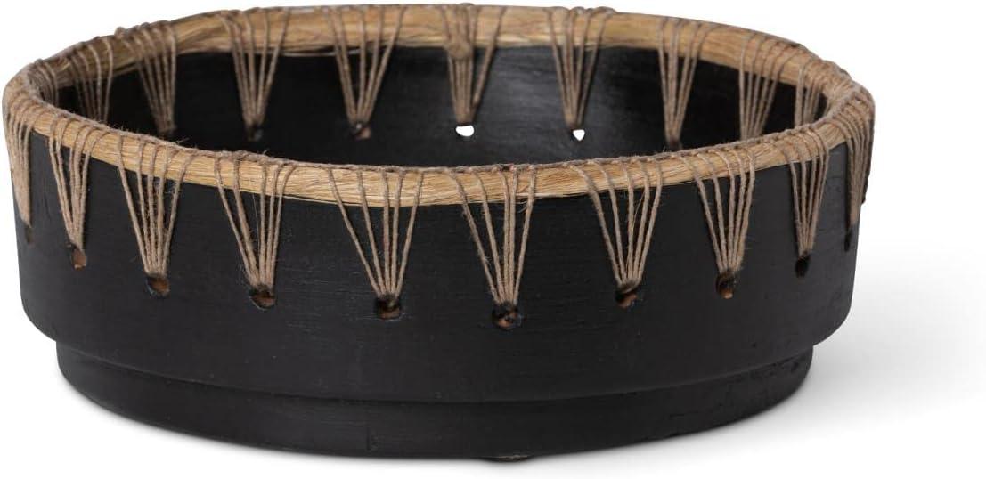 Handcrafted Black Ceramic Bowl with Woven Jute Trim