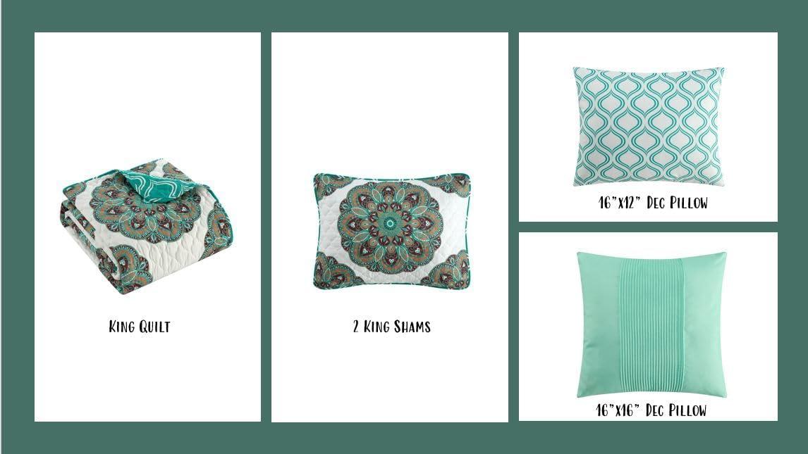 Durnik King White and Teal Reversible Quilt Set