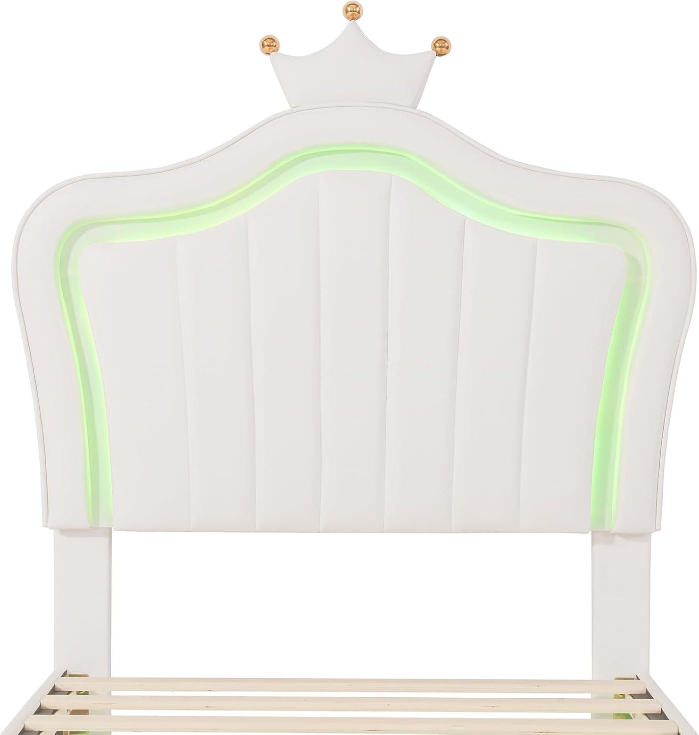 Upholstered Princess Platform Bed, Twin Size With Adjustable Crown Shaped Headboard and LED Lights, Kids Bedroom Furniture (White)