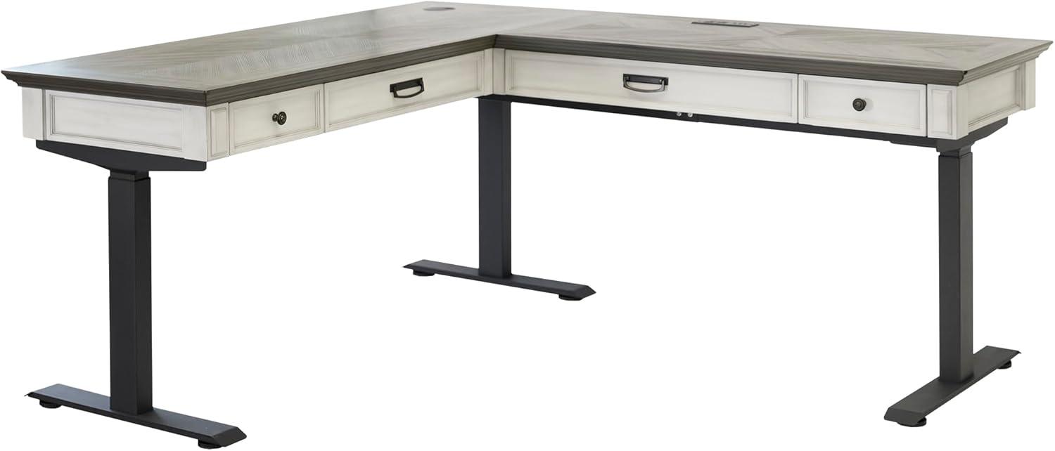 White and Gray Adjustable Height Standing Desk with Drawer and Power Outlet