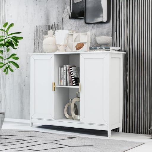 White MDF Storage Cabinet with Gold Handles and Shelves