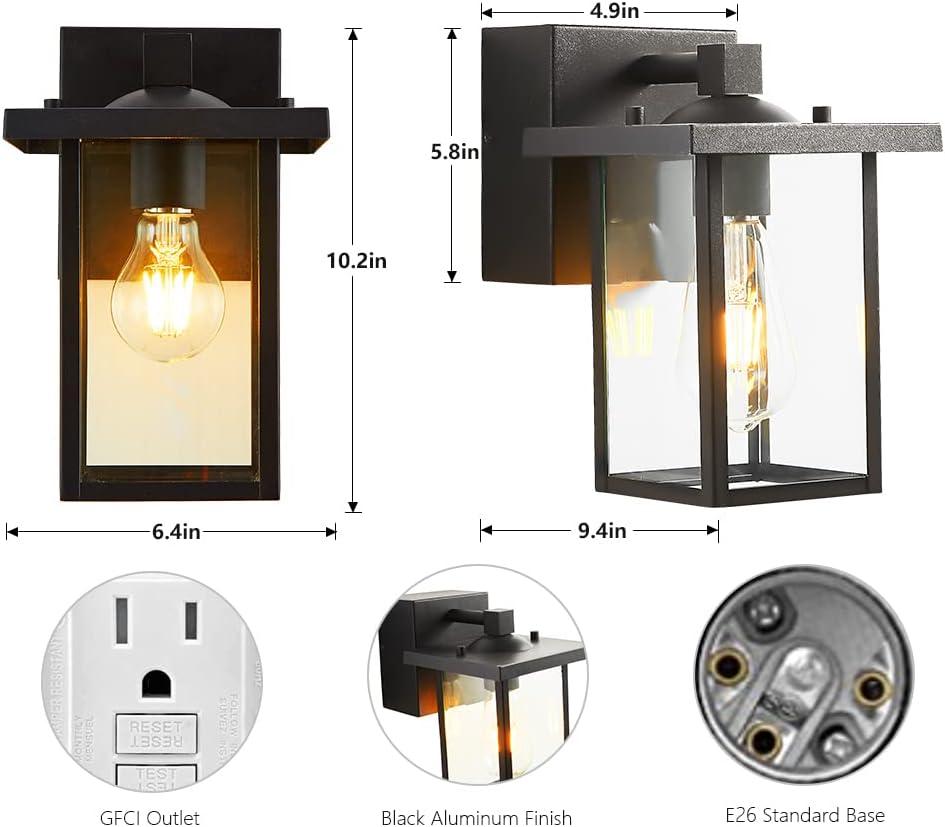 Black Aluminum Lantern Style Plug-In Wall Sconce with GFCI Outlet