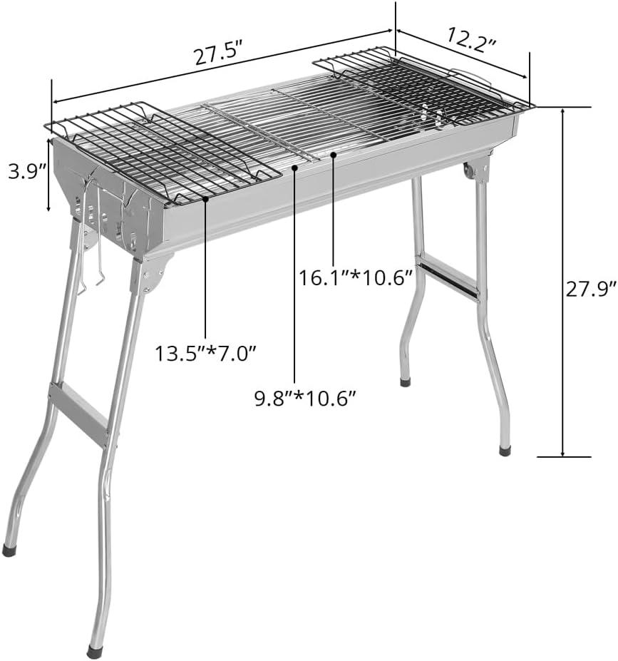 Portable Charcoal Grill, 28x 13 x 27" Foldable Barbecue Grill, Stainless Steel BBQ Grill for Outdoor Cooking Camping Hiking Picnic Garden Beach Party