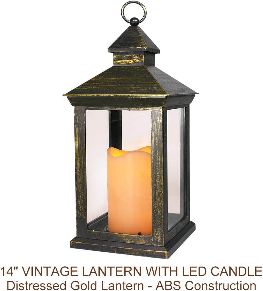 Bright Zeal 2-PACK 14 Inch Vintage Decorative Candle Lanterns With Timer - IP44 Waterproof Distressed Gold Decorative Outdoor Lanterns Battery Powered - Hanging Decorative Lanterns For Wedding Indoors