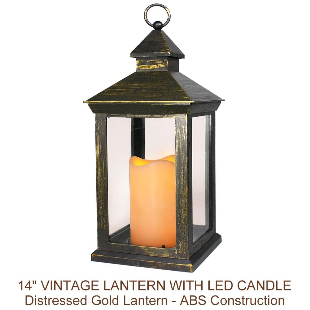 Bright Zeal 2-PACK 14 Inch Vintage Decorative Candle Lanterns With Timer - IP44 Waterproof Distressed Gold Decorative Outdoor Lanterns Battery Powered - Hanging Decorative Lanterns For Wedding Indoors