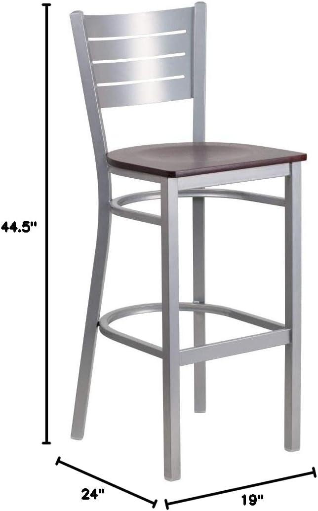 Sleek Silver Metal and Mahogany Wood Slat Back Barstool