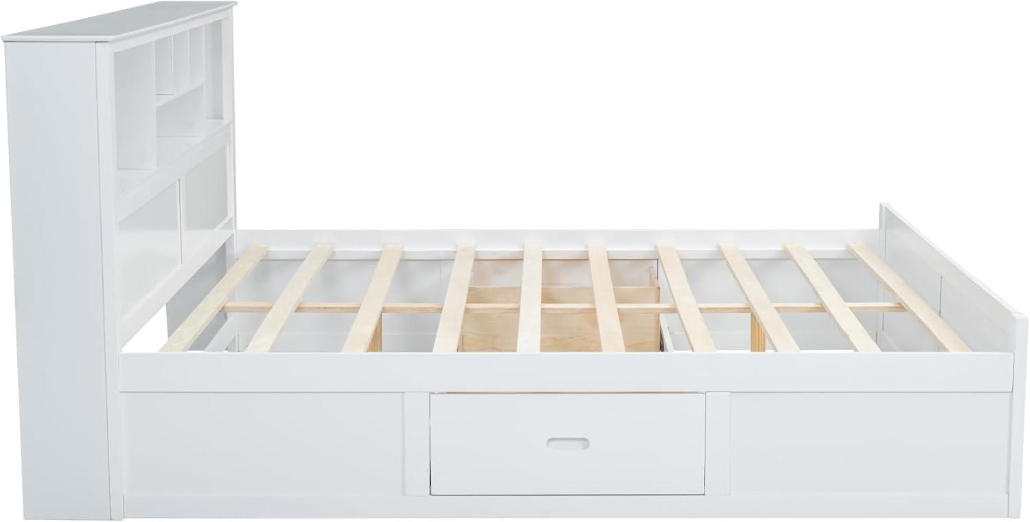 Harper & Bright Designs King Size Platform Bed with Bookcase Headboard and Storage Drawers, Wood King Storage Bed Frame with USB for Boys Girls Adults, White
