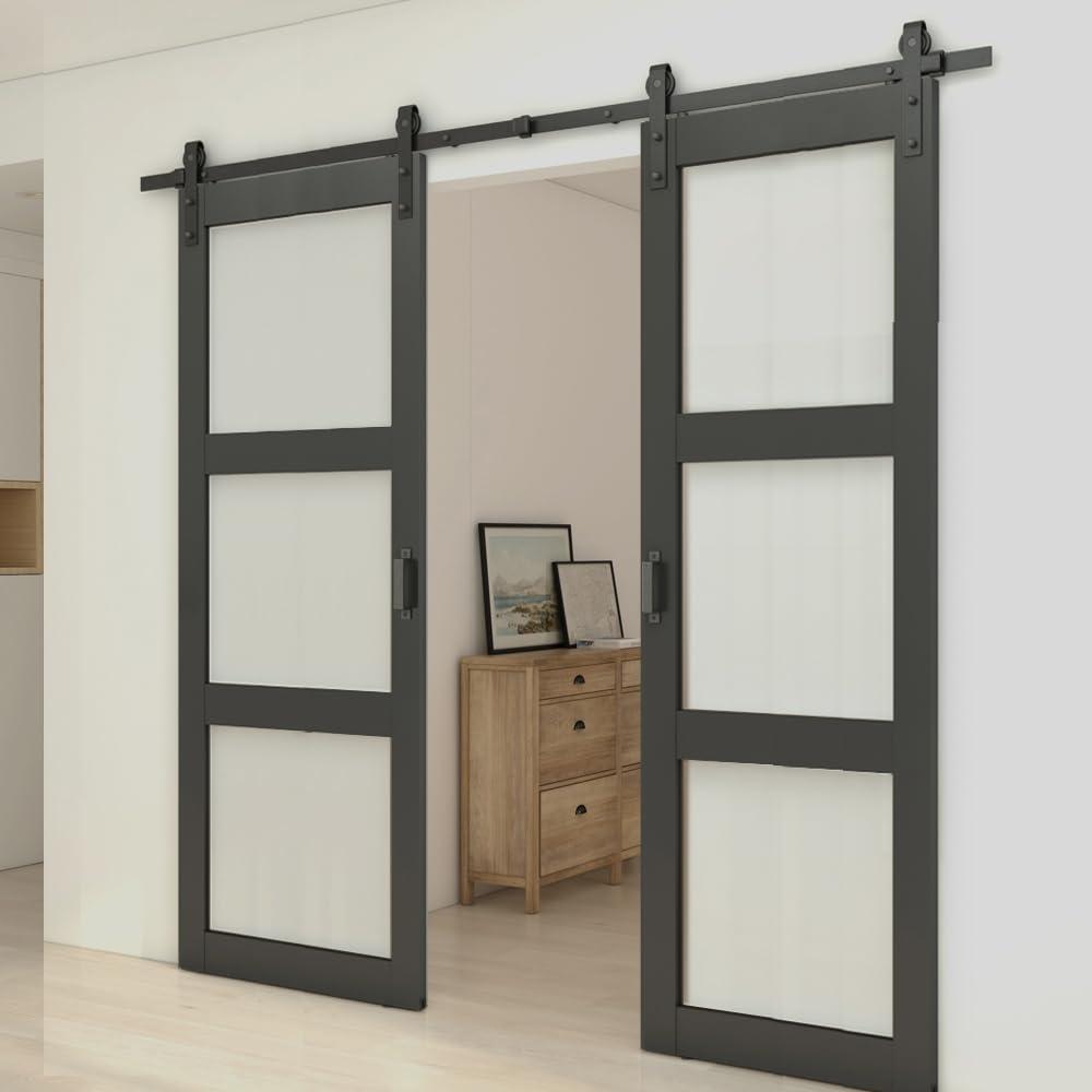 Calhome 3-Lite Tempered Frosted Glass White Finished Composite Double Sliding Barn Door with Hardware Kit Handle
