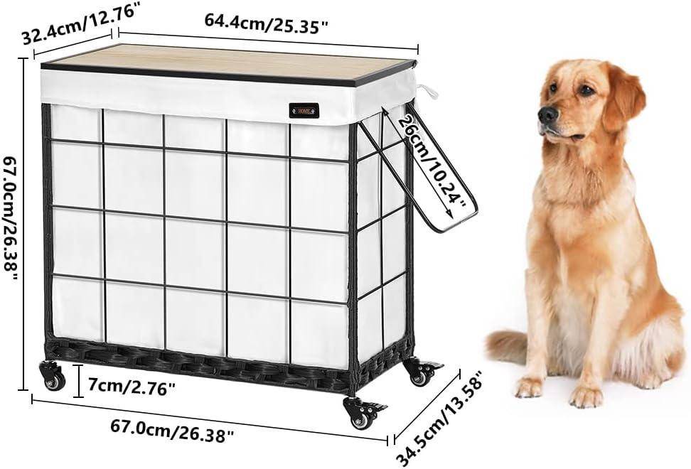 Laundry Hamper with Heavy Duty Caster Wheels; 3 Sections Clothes Hamper with Lid; 132L Laundry Basket with Removable Liner Bag; Laundry Sorter with Metal Handle (White)