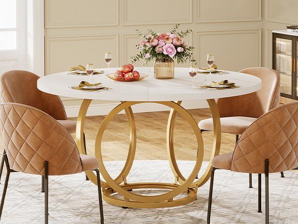47 inch Dining Table for Dining Room, 4 People Round Dinner Table white & Gold