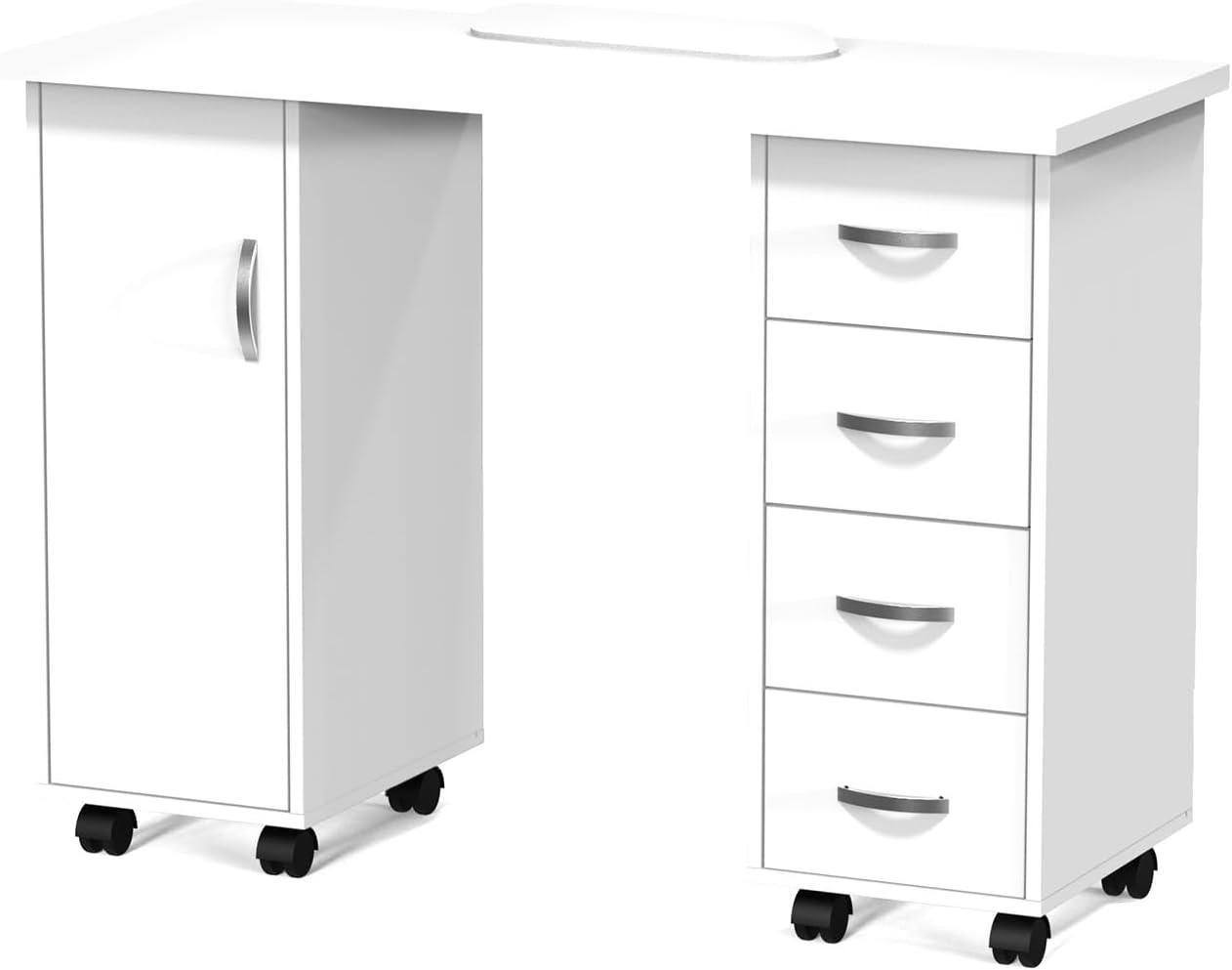 Goujxcy Rolling Nail Table Manicure Table Nail Desk Station, Beauty Salon Nail Station Desk Nail Art Equipment with 4 Drawers & Large Cabinet & Wrist Rest,White