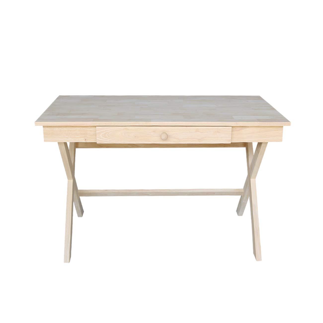 Cross Leg Desk Unfinished - International Concepts: Rubberwood Writing Desk with Drawer, Hardwood Frame