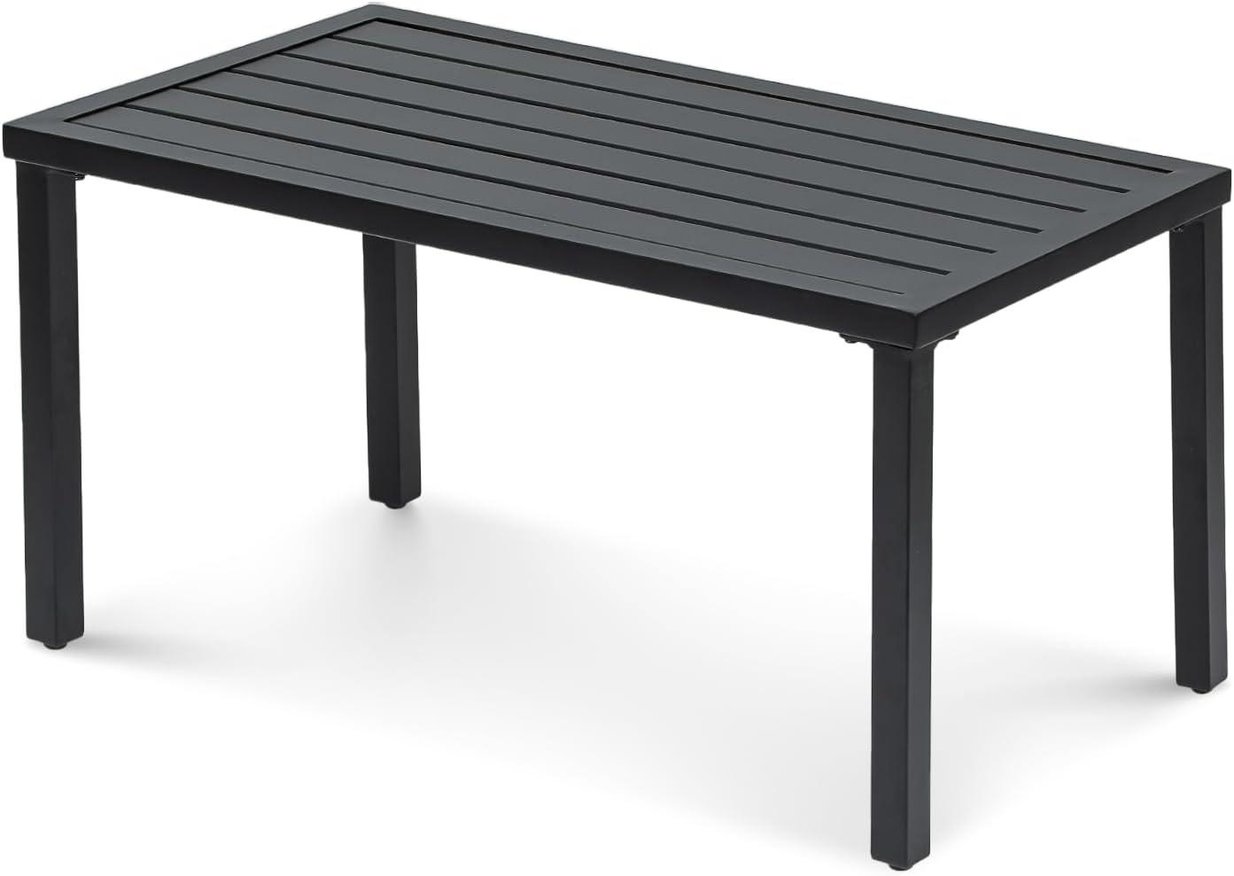 Athena Collection Small Outdoor Patio Coffee Table, 20 x 35 Retangular Metal Outdoor Patio End Table with Slatted Tabletop Waterproof for Indoor, Outside, Bistro, Balcony, Garden, Black