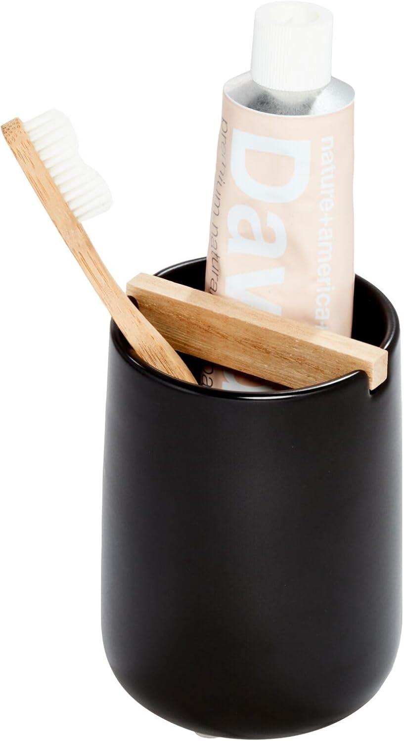 iDesign Eco Vanity Ceramic Toothbrush Holder with Paulownia Wood Divider