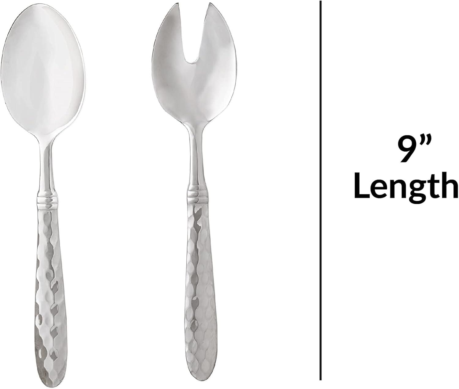 Hammered Stainless Steel 9" Salad Server Set, Fork and Spoon