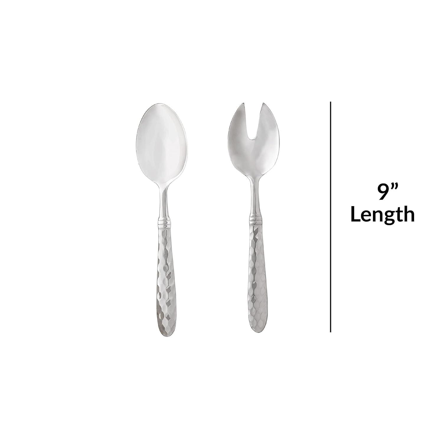 Hammered Stainless Steel 9" Salad Server Set, Fork and Spoon