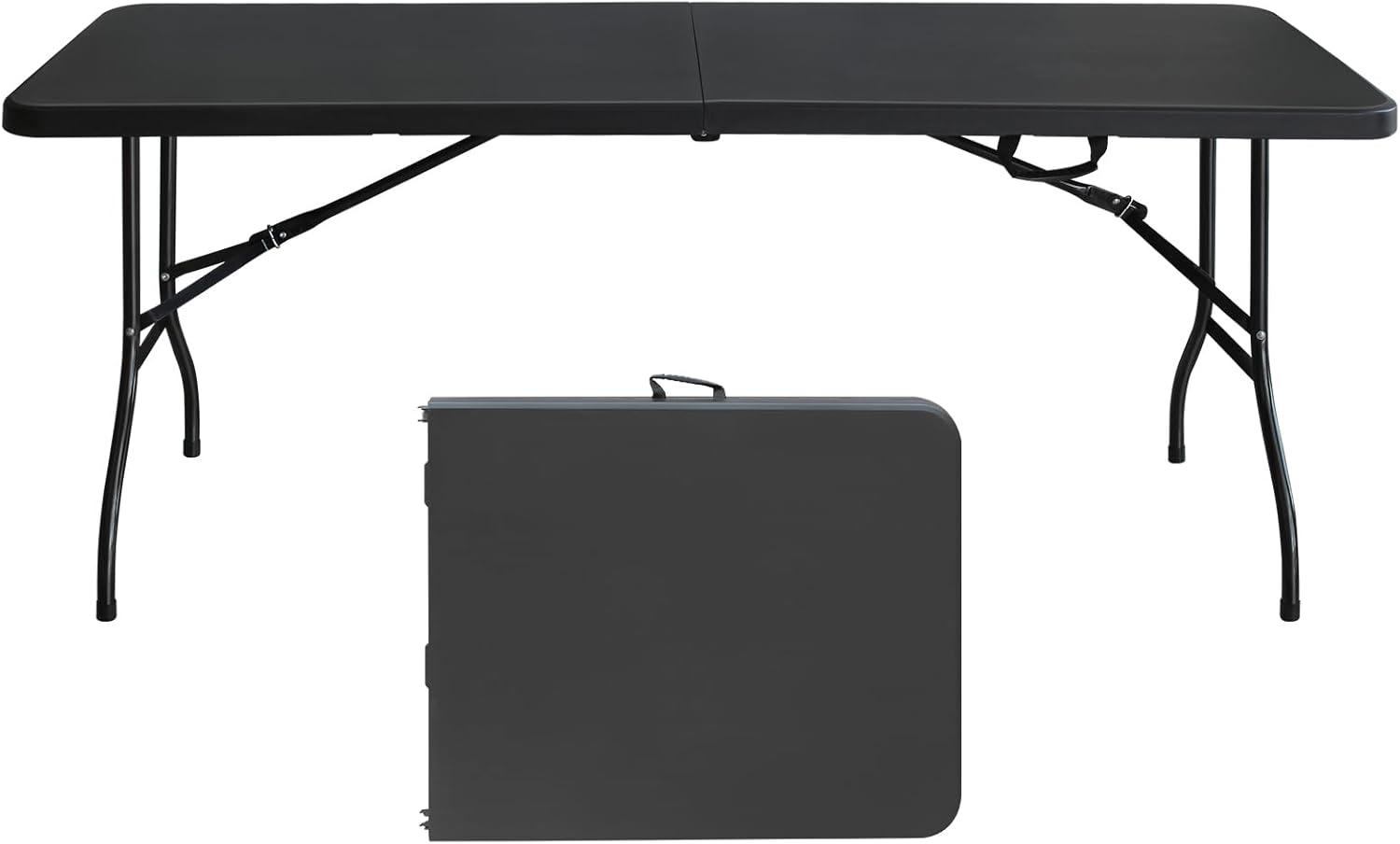 6ft Folding Table, Portable Plastic Table for Camping, Picnics, Parties, High Load Bearing Foldable Table Black