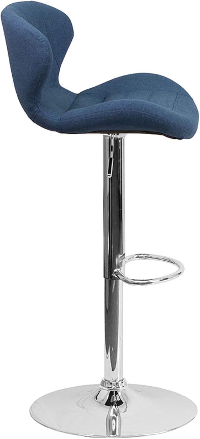 Curvaceous Blue Fabric and Chrome Adjustable Swivel Barstool