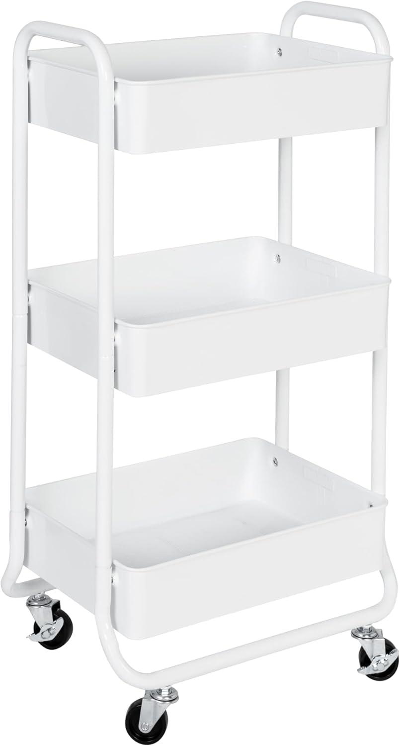 Sleek White Steel 3-Tier Rolling Utility Cart