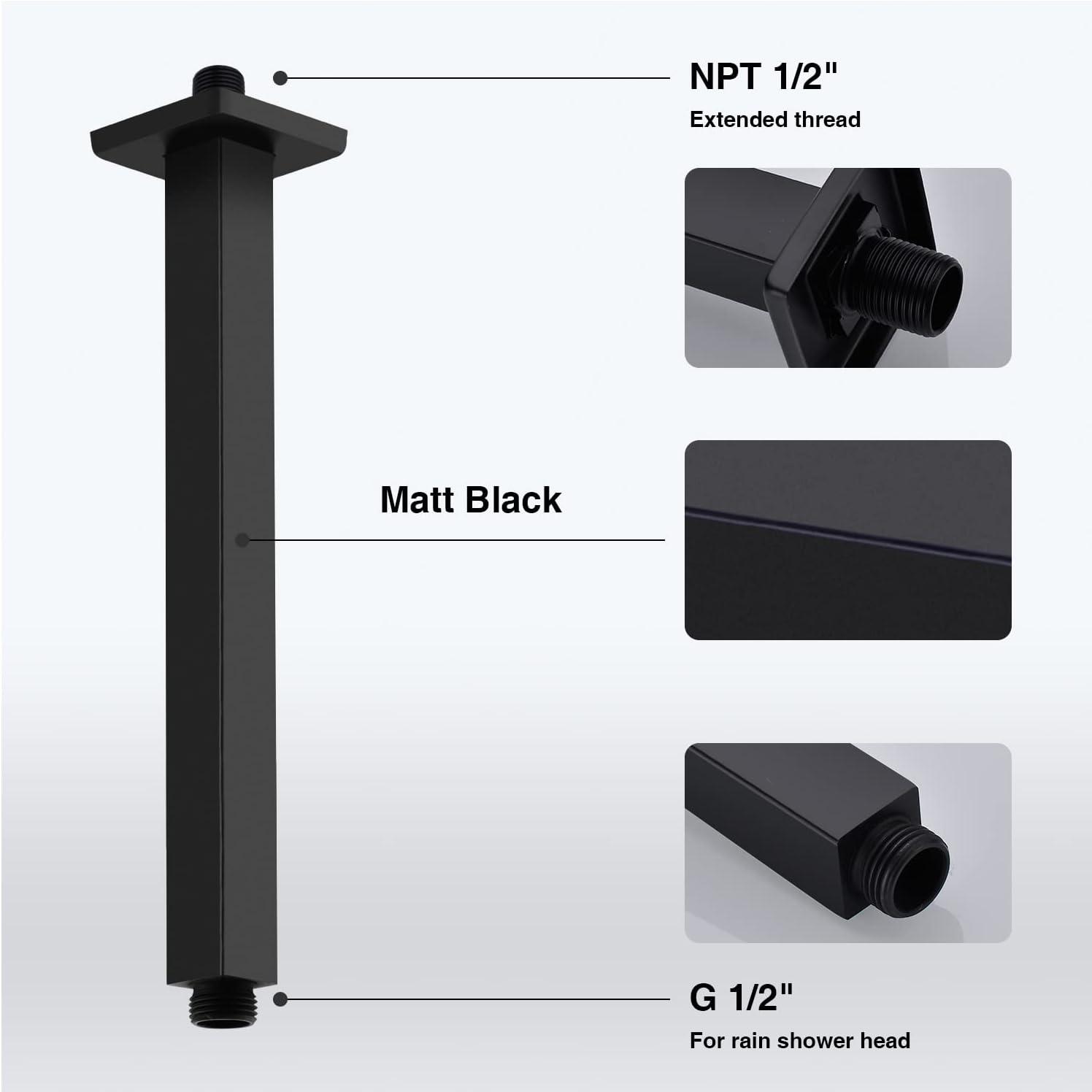 Matte Black 12-Inch Ceiling Mounted Square Shower Arm