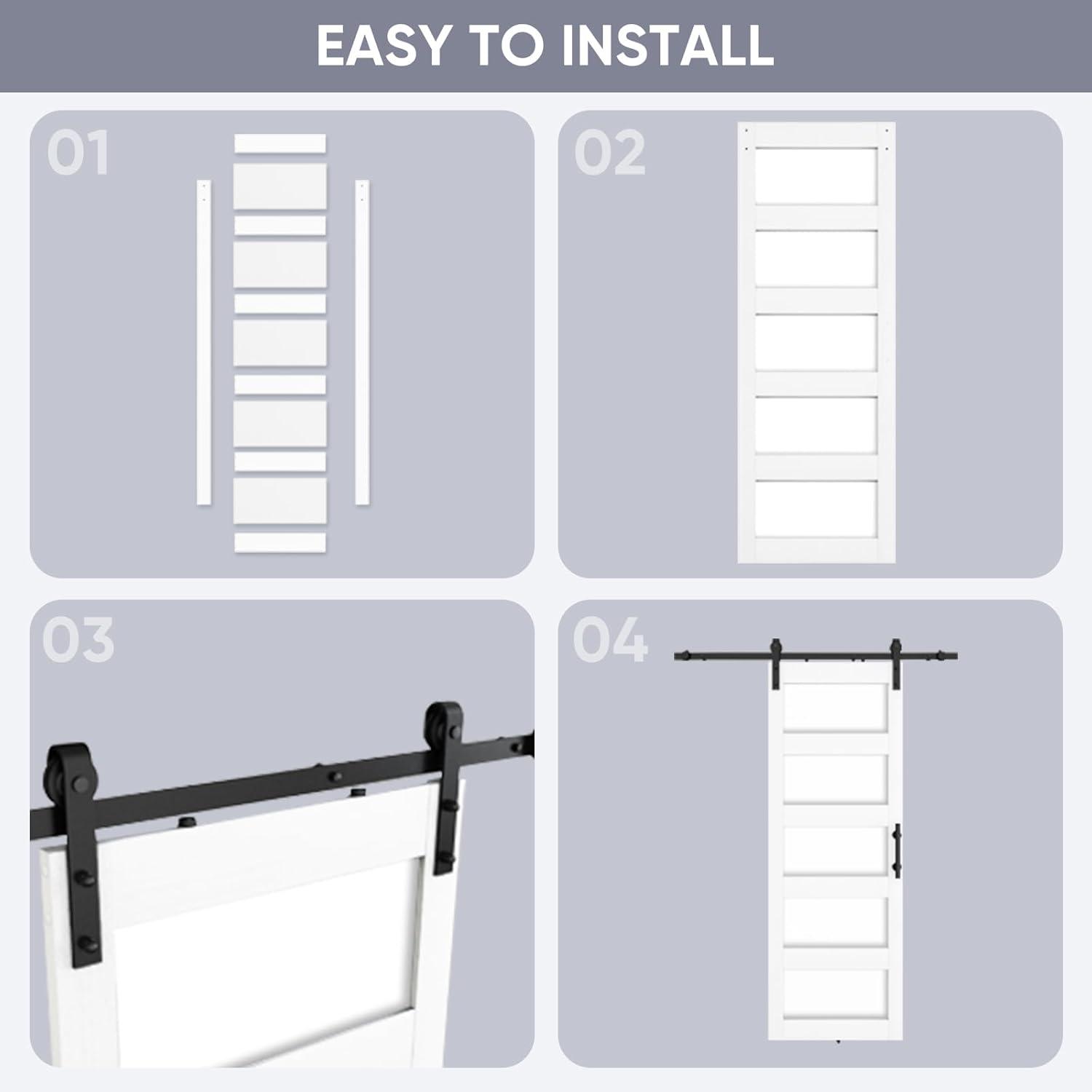 White 30x84 Frosted Glass 5-Panel Sliding Barn Door with Hardware Kit