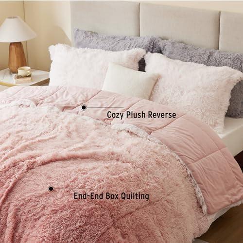 Intelligent Design King/Cal King Shaggy Faux Comforter Set, Long Fur Wave Spring Comforter Bedding Set, 3-Piece Striped Ombre Design Warm Bed Set, Blush