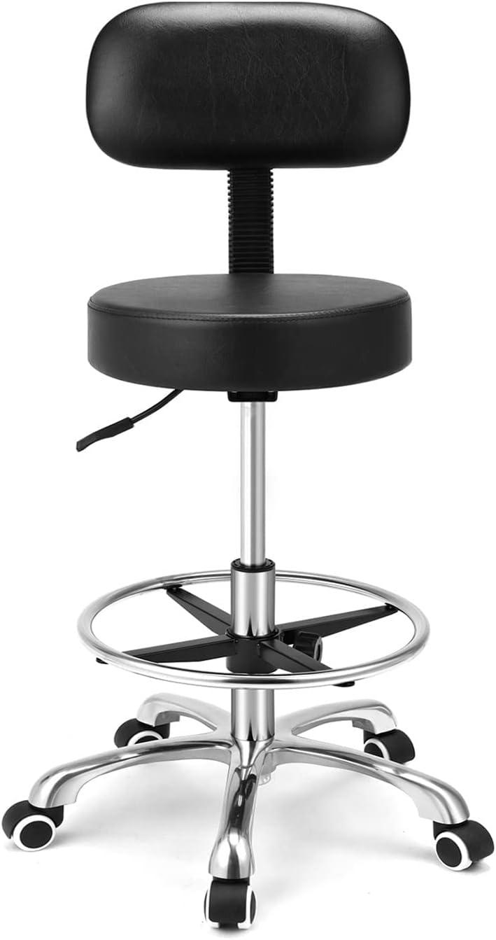 Kaleurrier Rolling Stool Salon Chair with Smooth-Rolling Wheels 360-degree Swivel Seat Heavy Duty Hydraulic Height Adjustable High Barber Cutting Stools (Black, with Backrest)