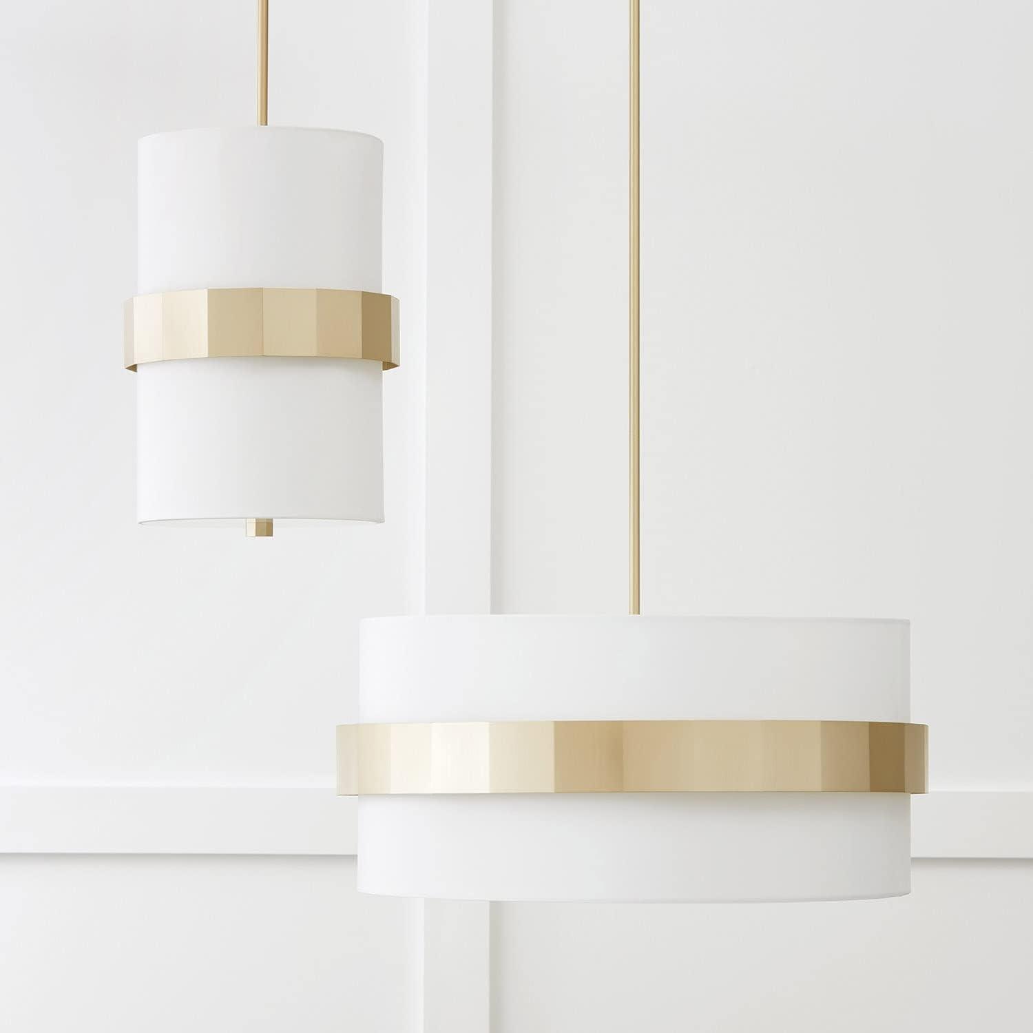 Elegant Soft Gold Drum Pendant with White Fabric Shade