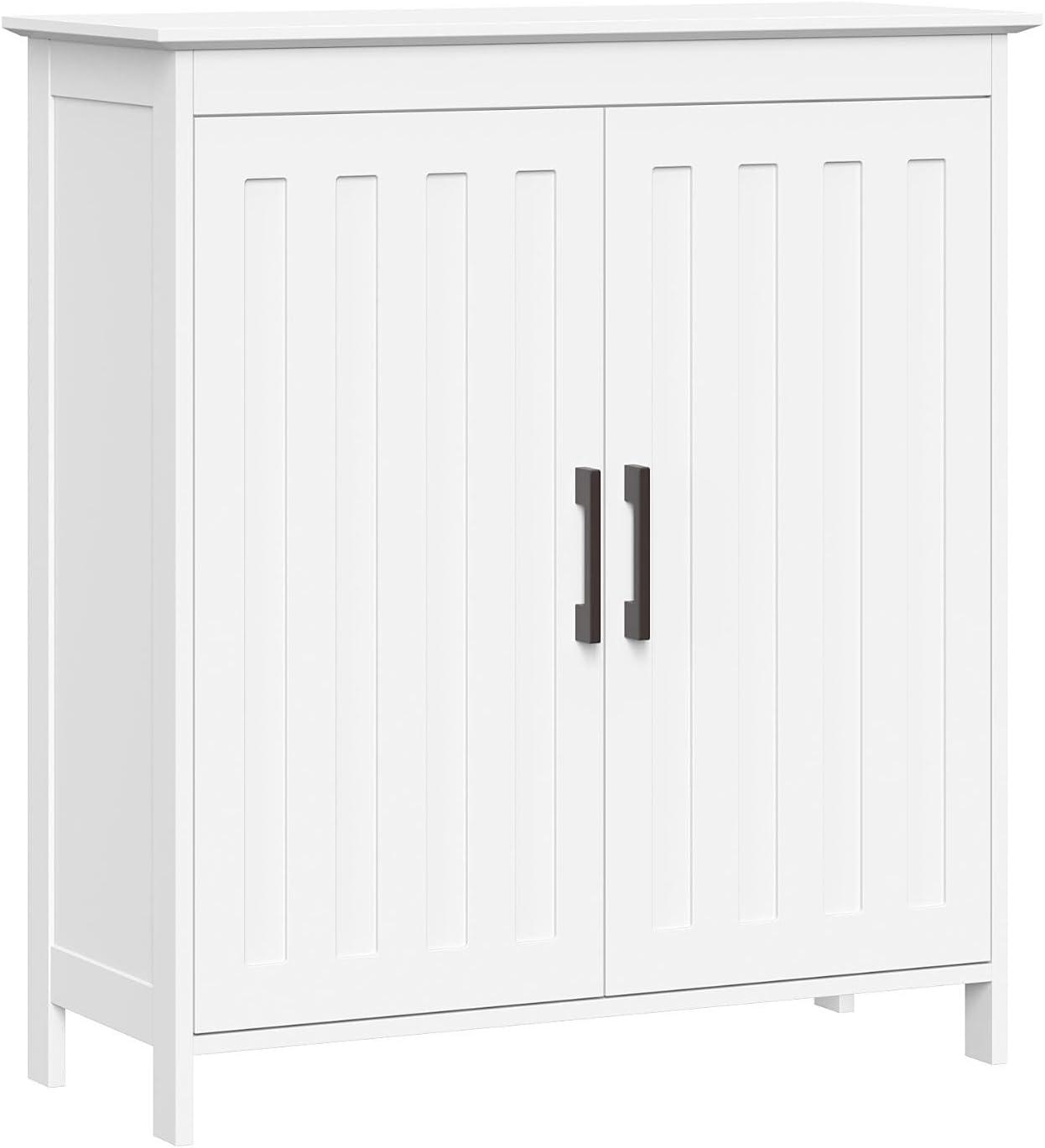 White MDF Storage Cabinet with Adjustable Shelves and Black Handles