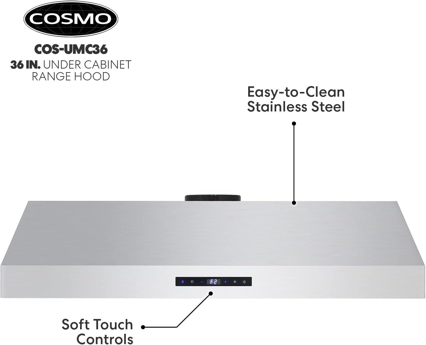 Cosmo 36" Stainless Steel 380 CFM Ducted (Vented) Under Cabinet Range Hood with Baffle Filter