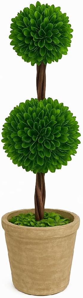 Modern Home 27" Real Preserved Boxwood Topiary Plant – Double Ball Faux Greenery in Rustic Pot – Indoor Outdoor Decorative Potted Plant for Home, Office, Porch, Patio, or Event Décor