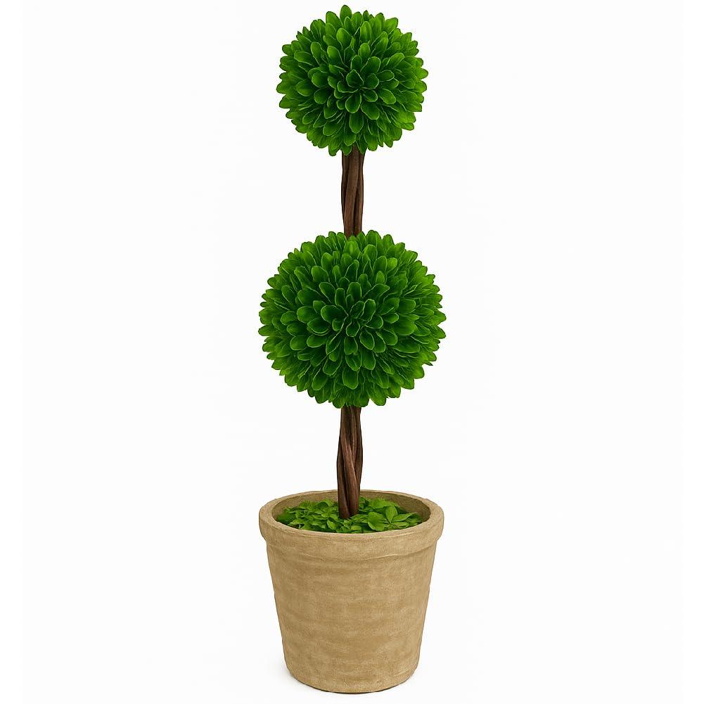 Modern Home 27" Real Preserved Boxwood Topiary Plant – Double Ball Faux Greenery in Rustic Pot – Indoor Outdoor Decorative Potted Plant for Home, Office, Porch, Patio, or Event Décor