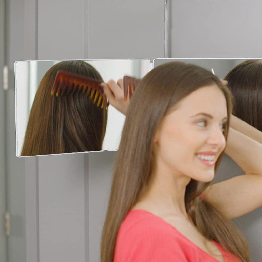 HIEEY 3 Way Mirror for Hair Cutting,360 Trifold Mirror with Height Adjustable Telescoping Hooks,and 5X Magnification Mirror,for Makeup, Hair Styling