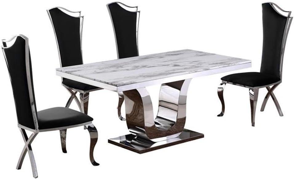 White Marble and Silver Stainless Steel 5-Piece Dining Set