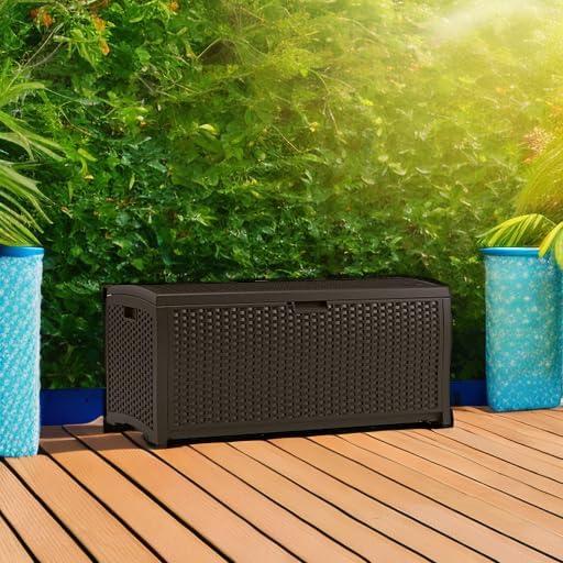 Suncast Wicker 73 Gallon Water Resistant Deck Box in Java