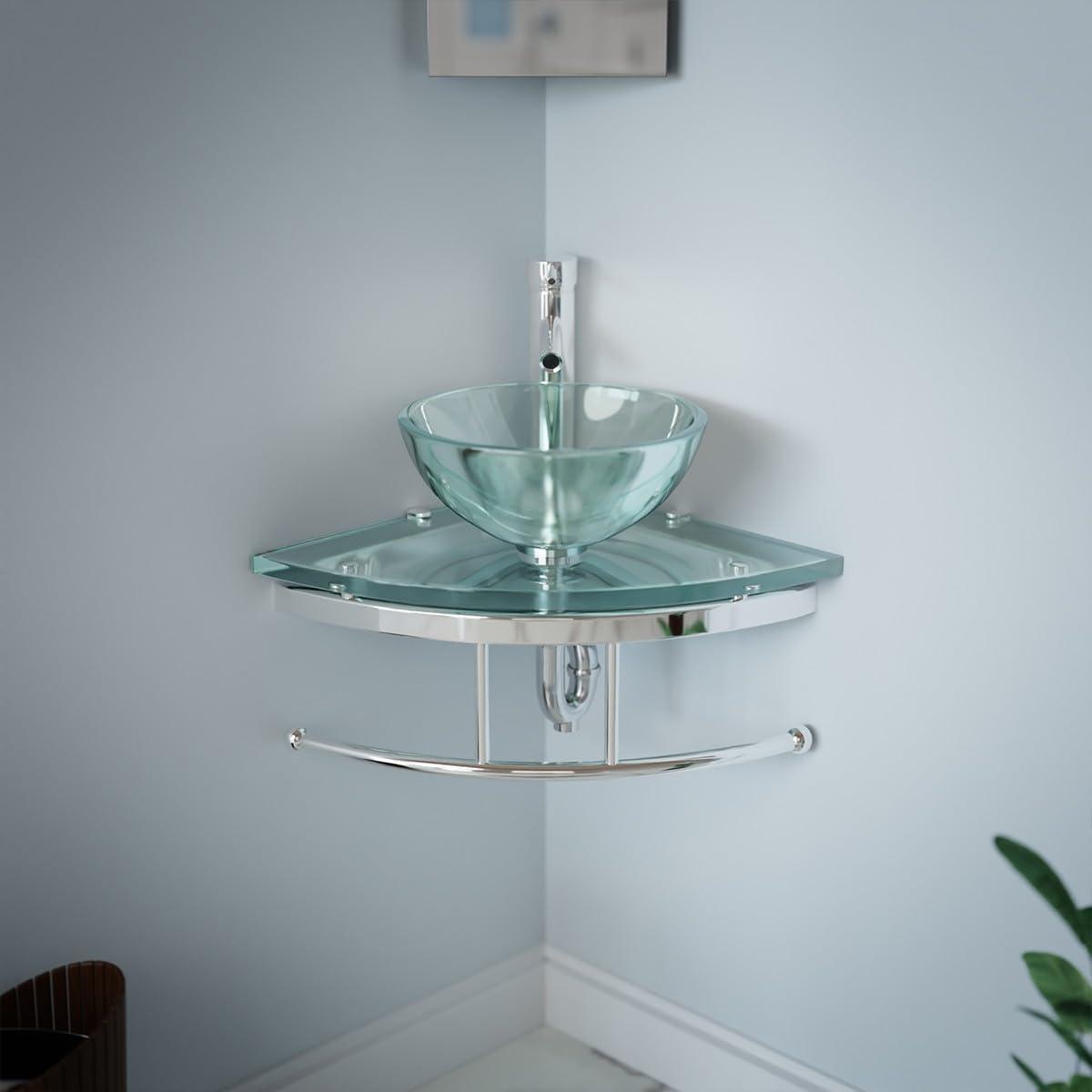 Round Corner Glass Wall Mount Bathroom Vessel Sink with Chrome Faucet Towel Bar