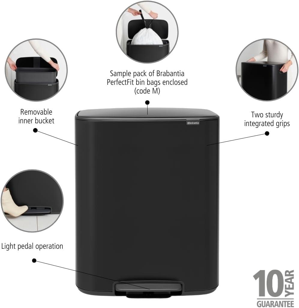 Brabantia Bo Step On Trash Can, Matte Black, 16 Gallon