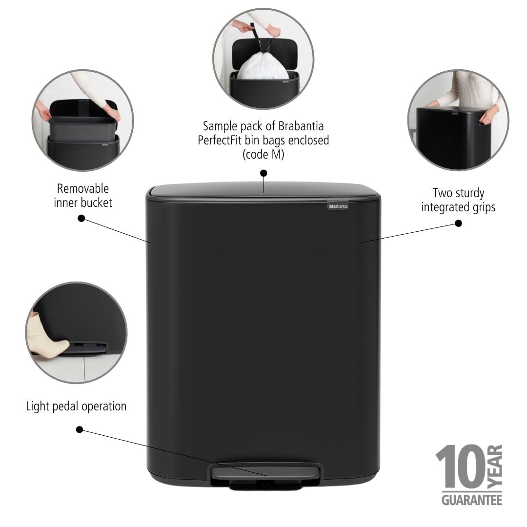 Brabantia Bo Step On Trash Can, Matte Black, 16 Gallon