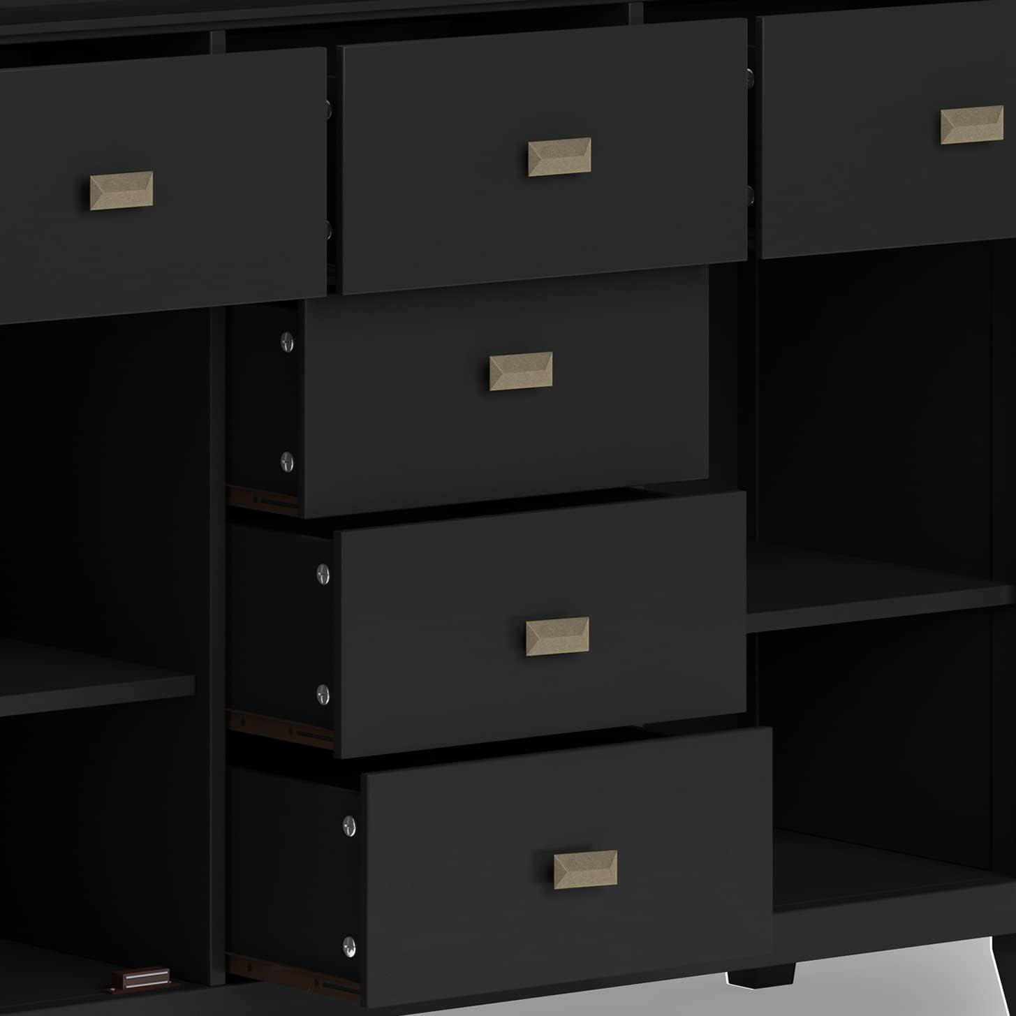 Simpli Home Artisan 54"W Solid Wood Sideboard Buffet with Tempered Glass Doors and 6 Drawers