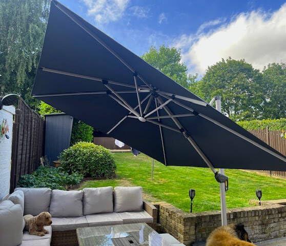 PURPLE LEAF 11FT Square Double Top Deluxe Solar Powered LED Patio Umbrella Outdoor Cantilever Umbrella, Gray